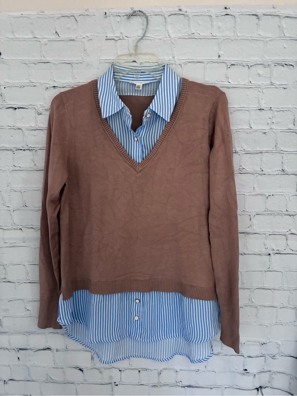 Women’s Layered V-Neck Sweater Shirt - Brown with Blue Stripe